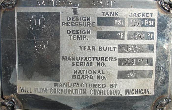 1100 gallon Will-Flow, Stainless steel vertical tank, jacketed, agitated, 150 psi, 1963 - Image 5