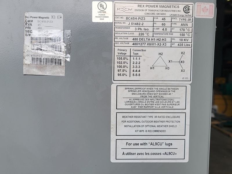 45 KVA 480 Delta Primary, 480Y/277 Secondary, Rex Power Magnetics BC45H-P/Z3 - Image 2