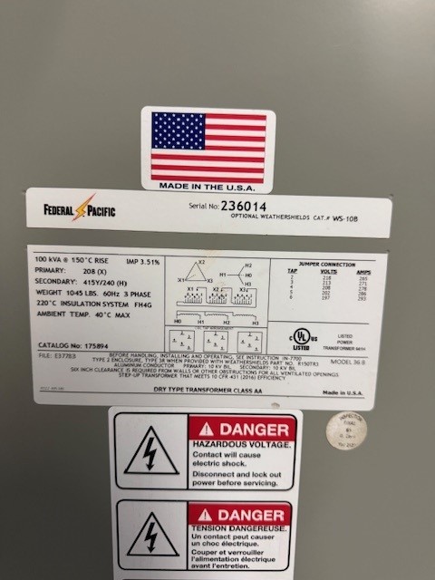 100 KVA 208 Delta Primary, 415Y/240 Secondary, Federal Pacific, taps - Image 2