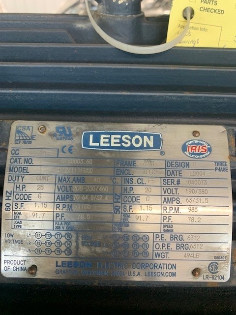 25 HP 1185 RPM Leeson, Frame 324T, 208-230/460 Volts - Image 1