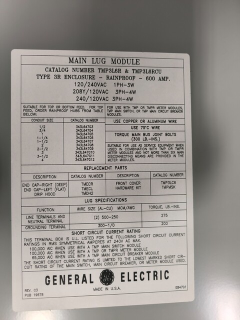 600 Amp. General Electric, TMP3L6R, Meter Mod III, 208Y/120 VAC, 3 Phase, 4 Wire, 3R - Image 5