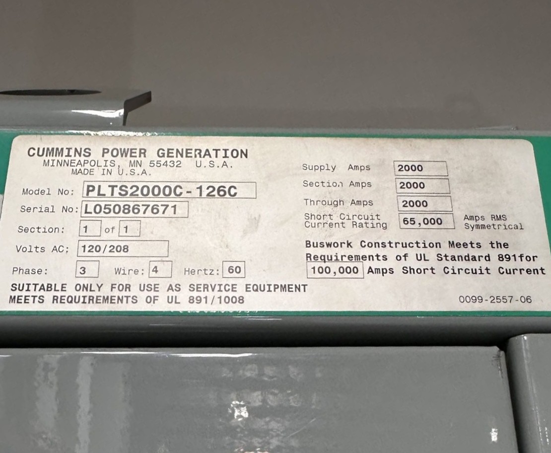2000 Amp. Cummins #PLTS2000C-126C, 120/208 Volts SER automatic transfer switch, Nema 1 - Image 5