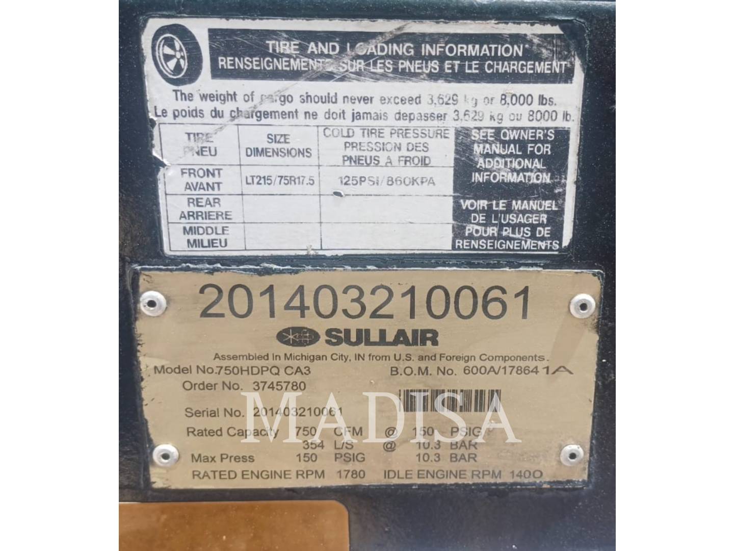 Sullair 750H DPQ, Compressed Air, 2495 hours, S/N: 201403210061, 2014 - Image 6