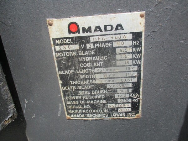 16" x 16" Amada #HFA-400W, automatic horizontal bandsaw, 180" x 1.25" x .042" blade, 50-395 FPM, hydraulic - Image 3