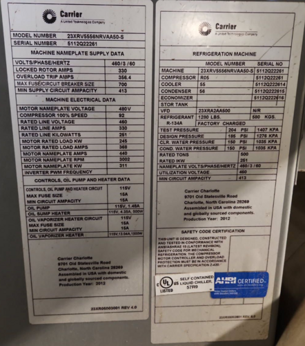 500 Ton, Carrier #23XRV5556NRAA50-S, Water-Cooled Chiller, R-134a, oil-free, R05 compressor, 2012 - Image 2