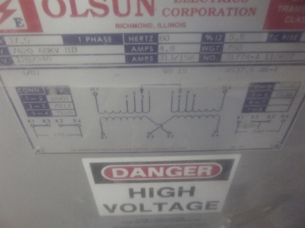 37.5 KVA 7620 Primary, 240/120 Secondary, Olsun, dry transformer (2 available) - Image 1