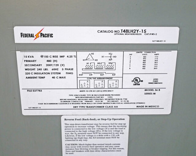 15 KVA 480 Primary, 208/120 Secondary, Federal Pacific #36-B, Three Phase Dry Type Transformer, Class AA, 60 - Image 10