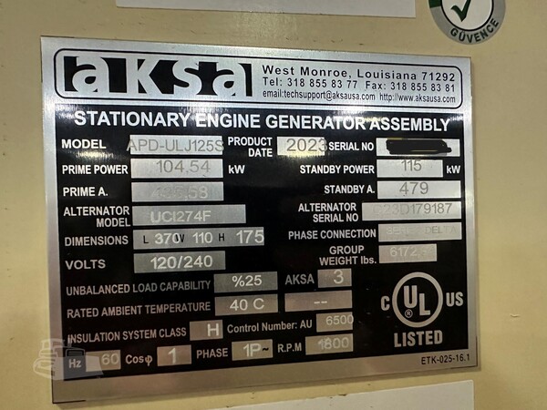 115 KW Aksa, stationary generator set, 1-phase, John Deere 4045 engine - Image 10