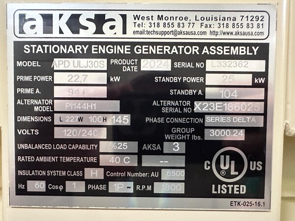 25 KW Aksa, stationary generator set, 1-phase, John Deere 4045 engine, enclosure - Image 2