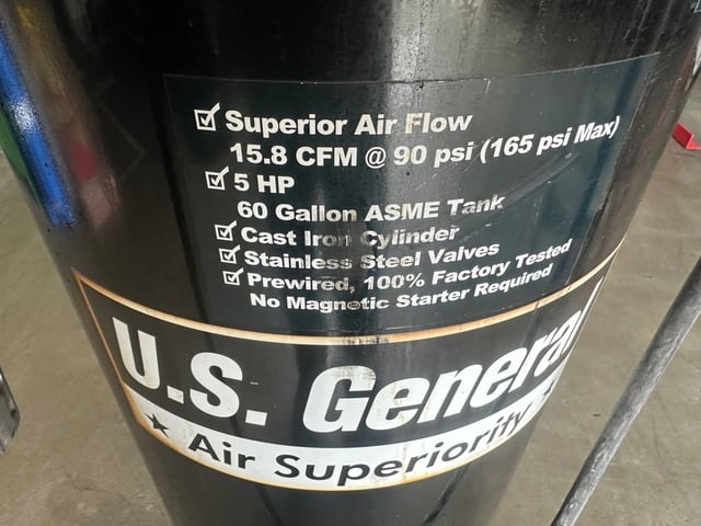 5 HP U.S. Motors General, Vertical Compressor, 15 cfm, 90 psi, 60 Gallon tank - Image 2