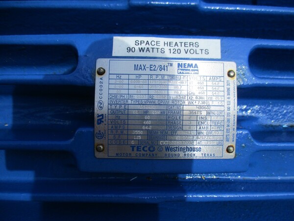 60 HP 3600 RPM Teco Westinghouse, Frame 364TS - Image 3