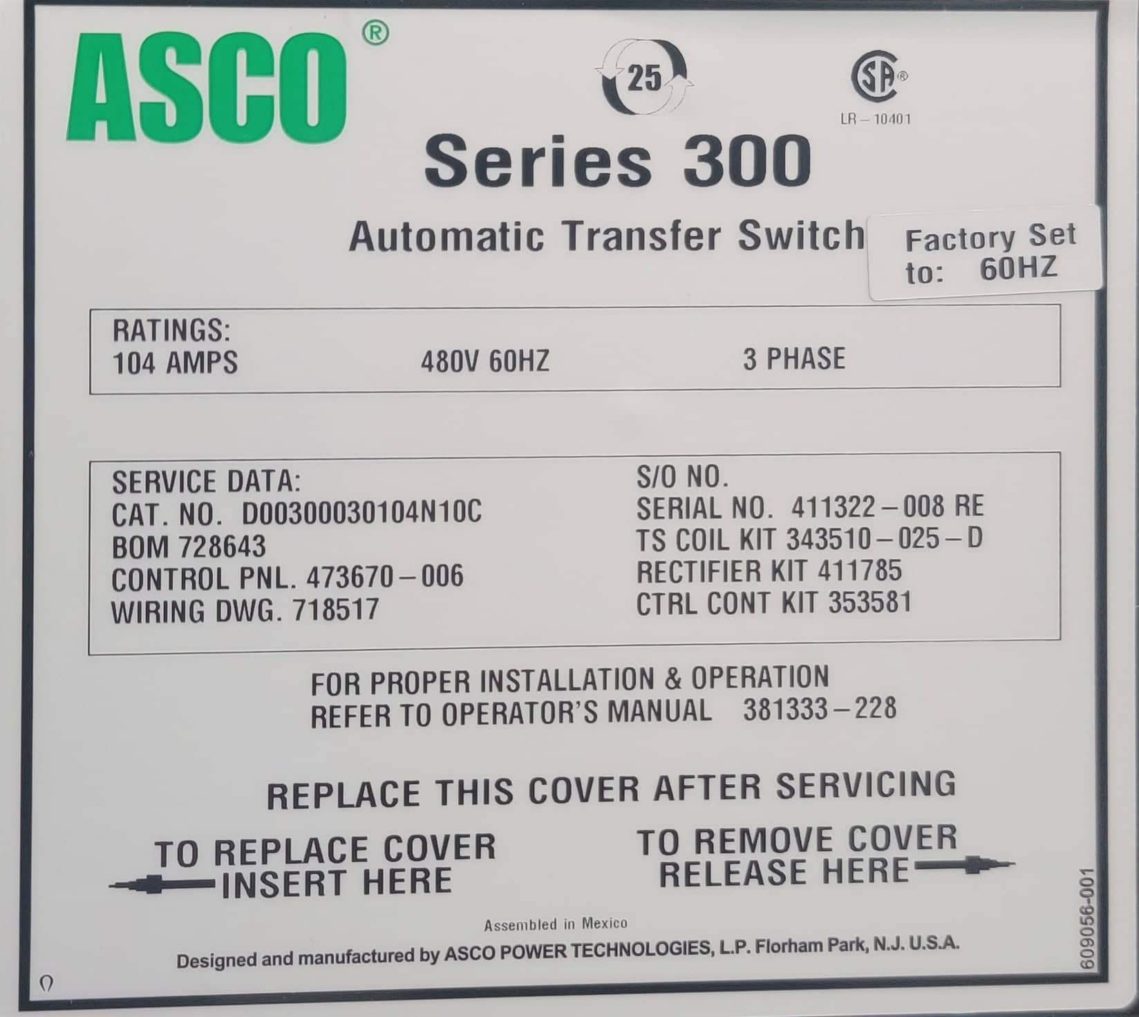 104 Amp. ASCO 300 Series, automatic transfer switch, 480 Volts, Nema 1 ...