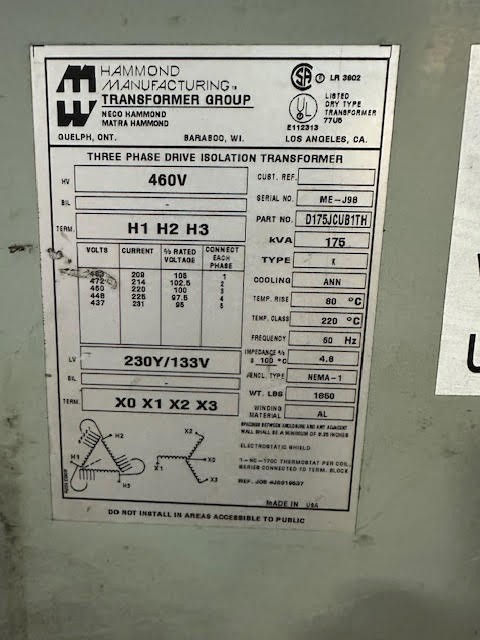 175 KVA 460 Primary, 230Y/133 Secondary, Hammond Dry Type - Image 1