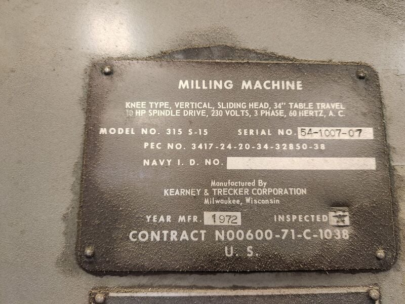 Kearney & Trecker #315-S15, knee type, sliding head, 1 HP, 230 V., 3 phase, 60 Hz, 1972 - Image 3