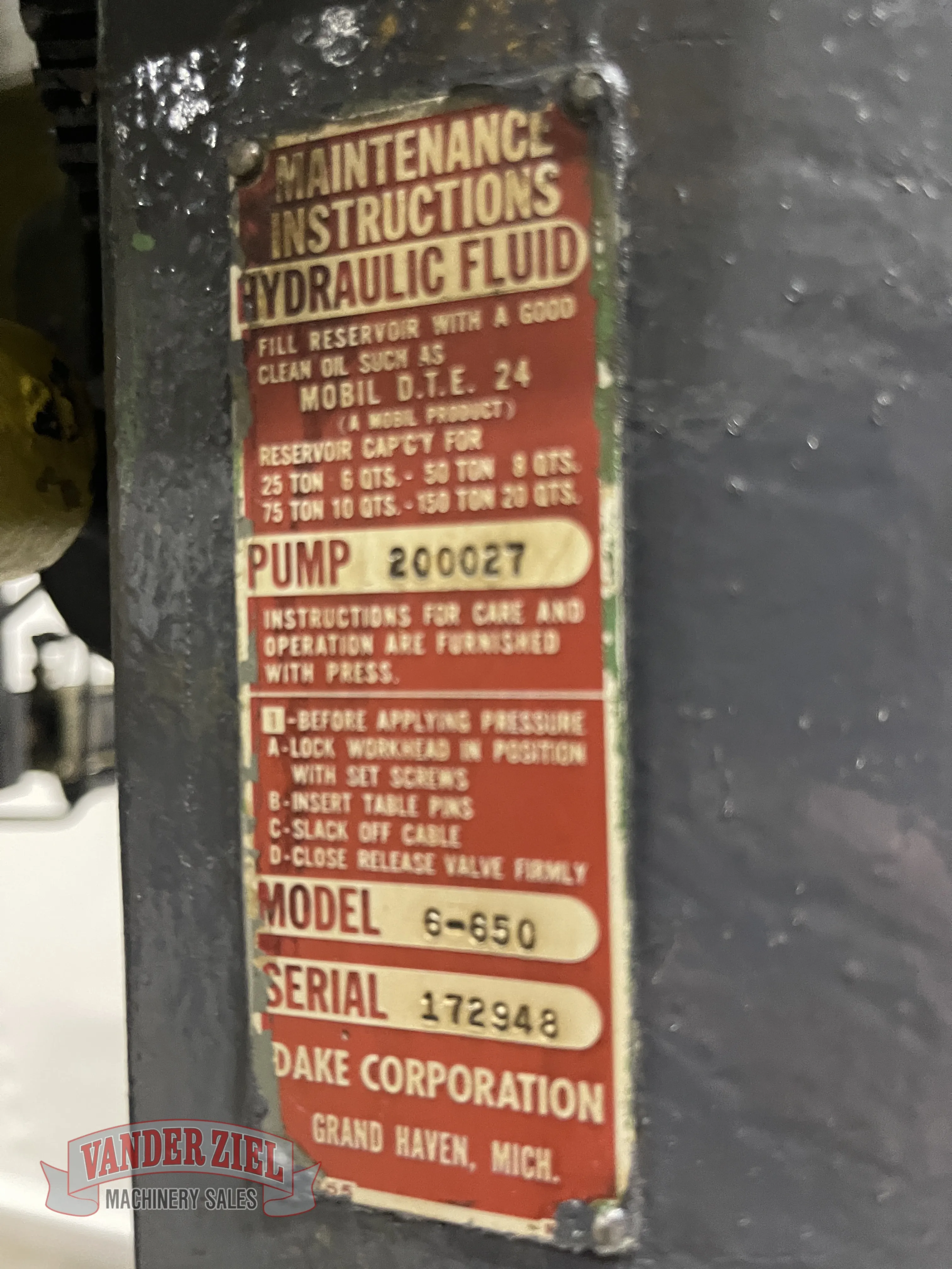 150 Ton, Dake, air hydraulic H-frame press - Image 6