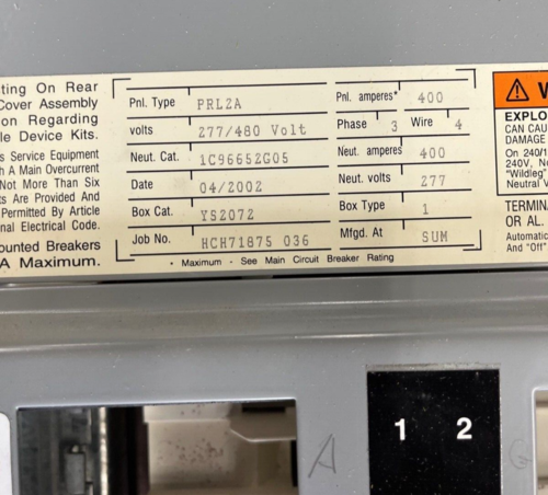 400 Amp. Cutler Hammer, PRL2A MLO, Panelboard, 277/480 Volts 3PH 4W Indoor Encl 42Cir FD3225 P586 - Image 5