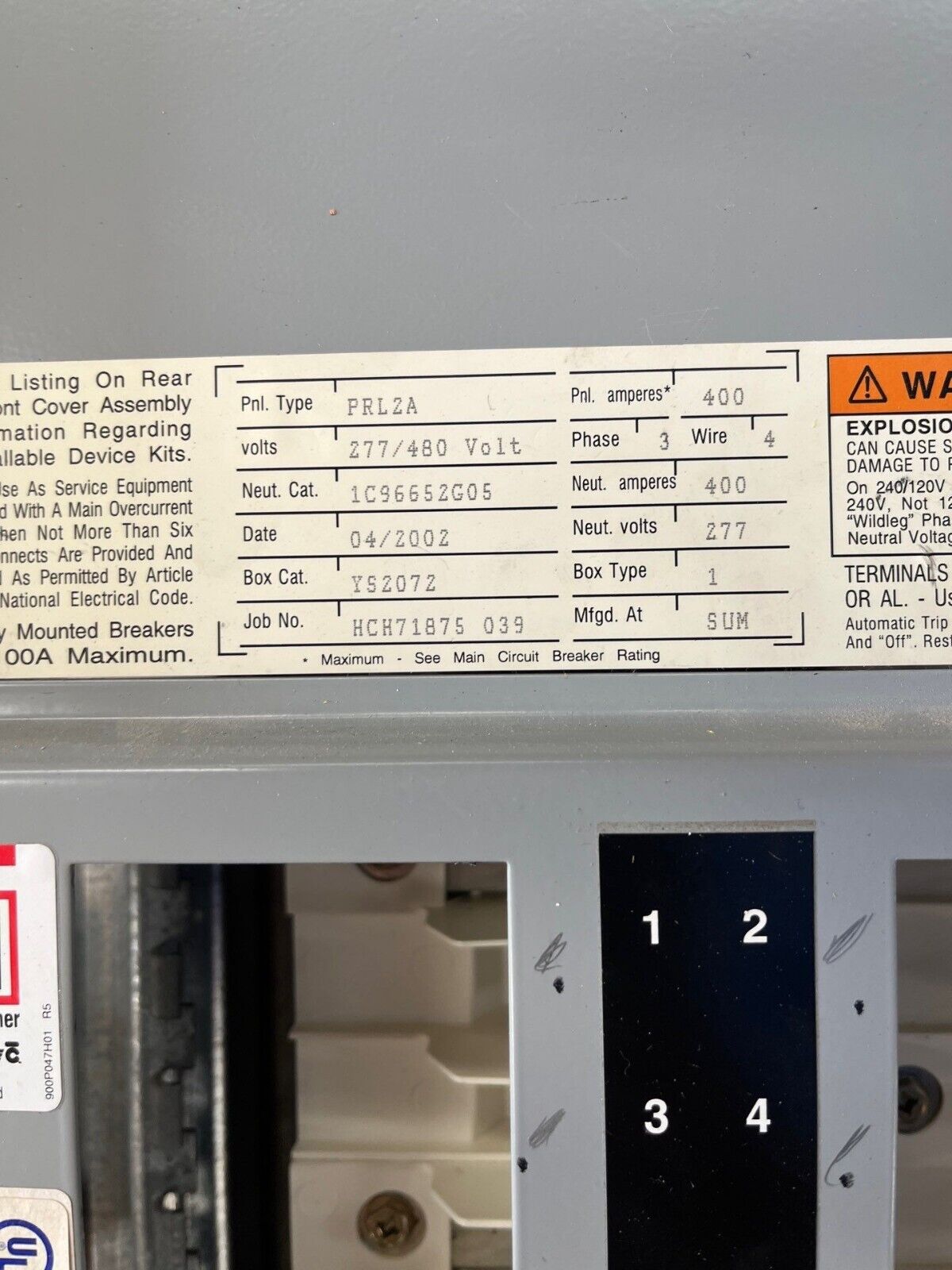 400 Amp. Cutler Hammer, PRL2A, Panelboard, 277/480 Volts 3PH 4W 42Cir Indoor Encl FD3225 MLO P578 - Image 5