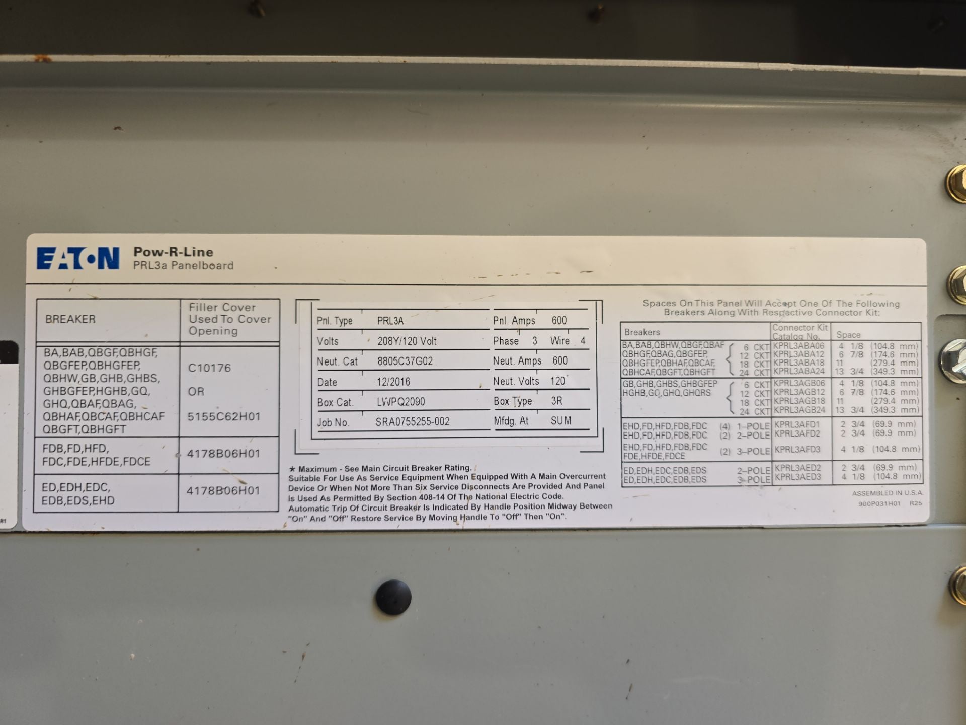 600 Amp. Eaton, PRL3A, Panelboard, 208Y/120 Volts 3PH 4W MLO 3R Encl Outdoor - Image 2