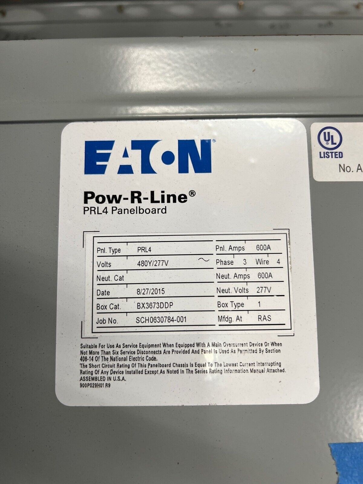 600 Amp. Eaton, PRL4, Panelboard, 480/277 Volts 3PH 4W 24 Cir Indoor Encl MCB LGH3630NN P649 - Image 3