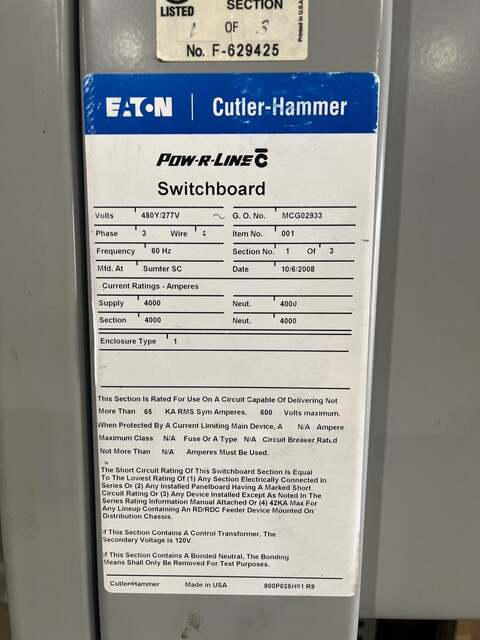 3000 Amp. Eaton, prlc switchboard 480/277 v. 3ph 4w mds6303hea w/ d - Image 3
