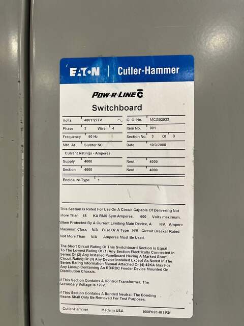 3000 Amp. Eaton, prlc switchboard 480/277 v. 3ph 4w mds6303hea w/ d - Image 8