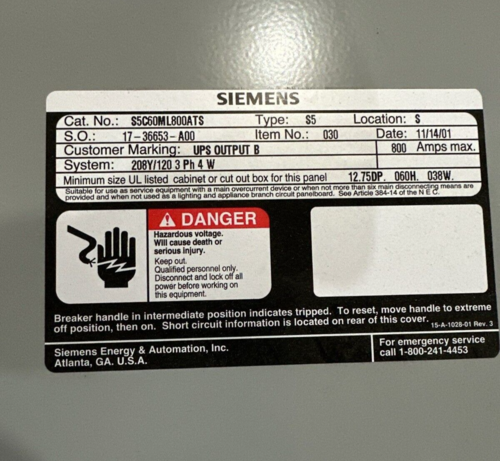 800 Amp. Siemens, S5, Panelboard, S5C60ML800ATS 208Y/120 Volts 3PH 4W Main Lug MLO 800 Amp P506 P505 - Image 3