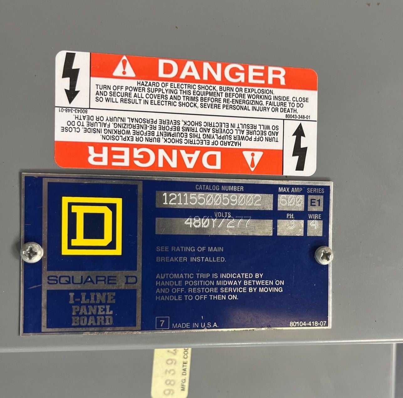 600 Amp. Square D I-Line, Panelboard, 480/277 Volts 3PH 4W 48Space MCB MAP36600 Indoor Encl HC3291B - Image 2