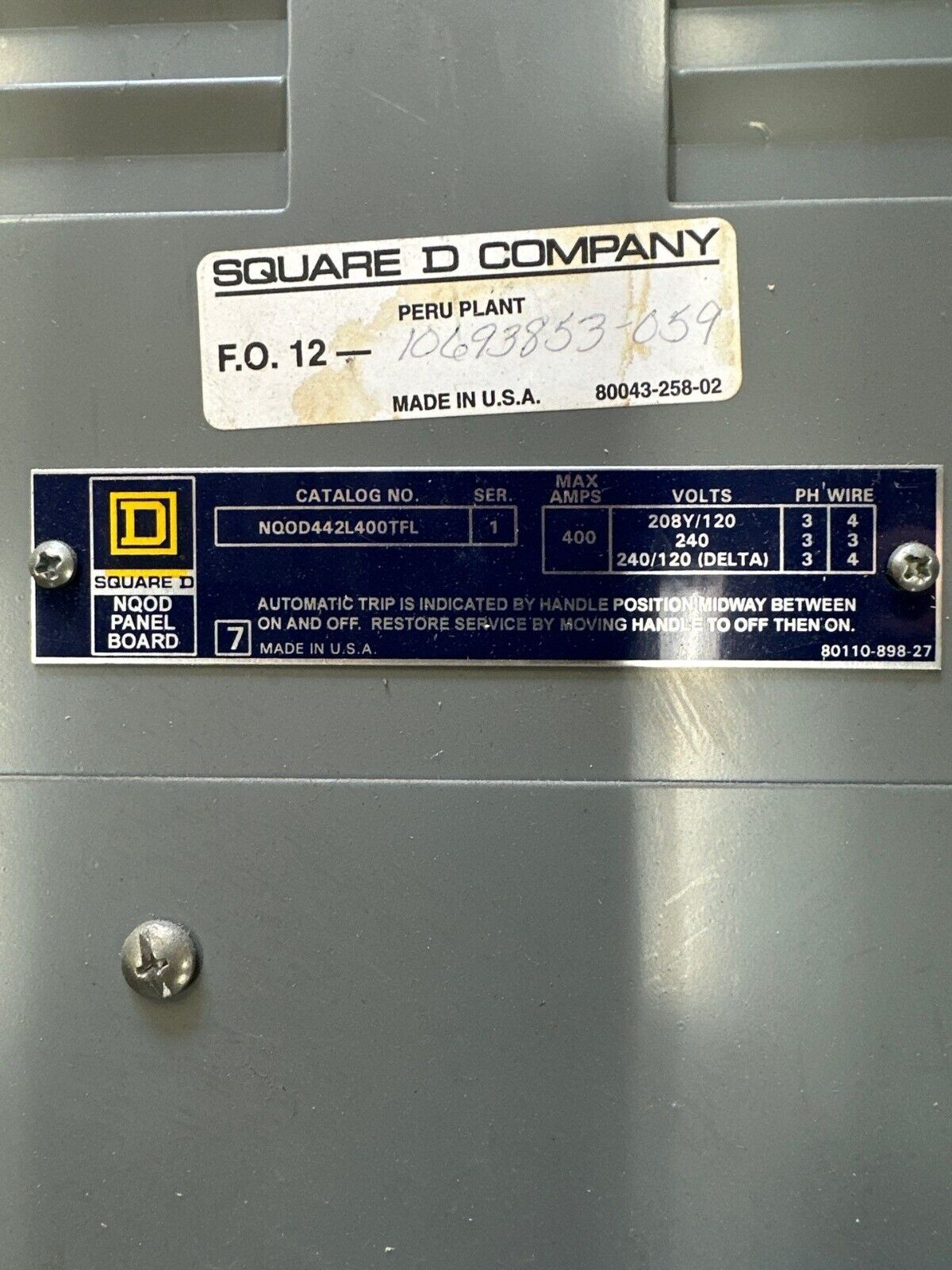 400 Amp. Square D NQOD442L400TFL, Panelboard, 208Y/120 Volts 3PH 4W Indoor Encl MLO 42 Cir P361 - Image 2