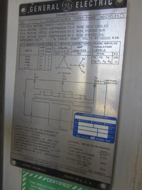 12000/16000/22400 kVA, 34400 Delta Primary, 4160/2400 WYE Secondary, General Electric Substation - Image 3