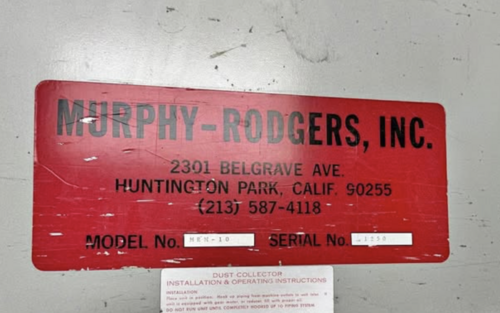 2600 cfm Murphy Rodgers, #MRN-10, Dust Collector, 256 sq.ft., 30 bag, 10" diameter inlet, 7.5 HP, 3450 RPM - Image 7