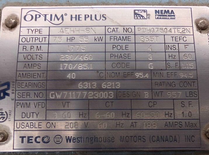75 HP 1775 RPM Teco Westinghouse PDH07504TE2N, Frame 365T, 230/460V., 3-phase, 2023 - Image 4