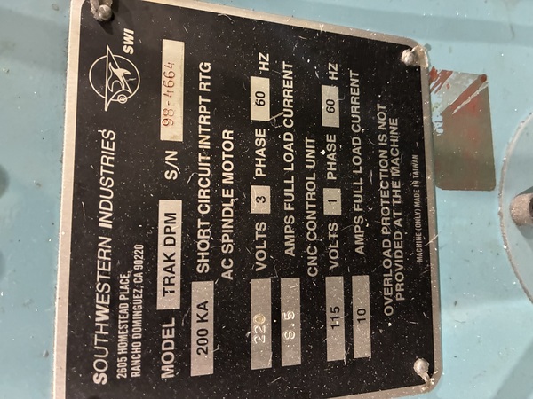 Southwestern Industries #Trak-DPM, bed mill with AGE 3 Control, serial #98-4664 - Image 6