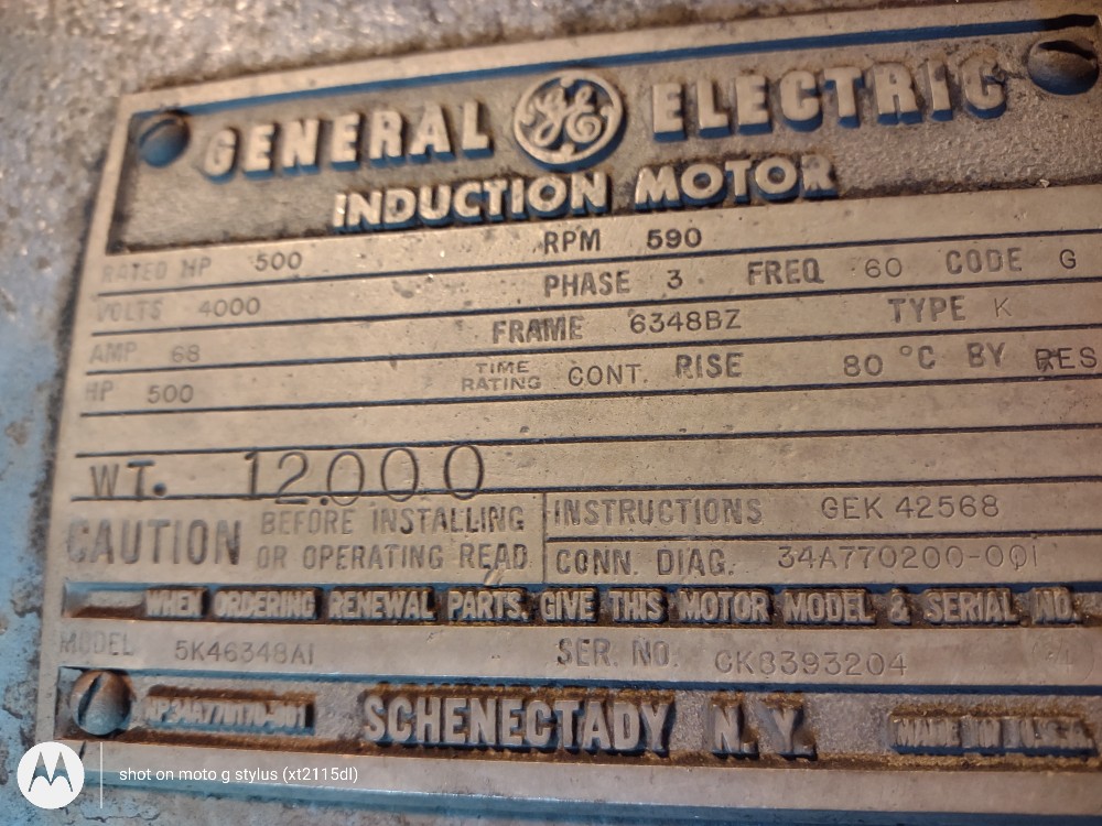 500 HP 600 RPM General Electric, Frame 6384, TEFC, Class 2 div 2, 4160 Volts - Image 1