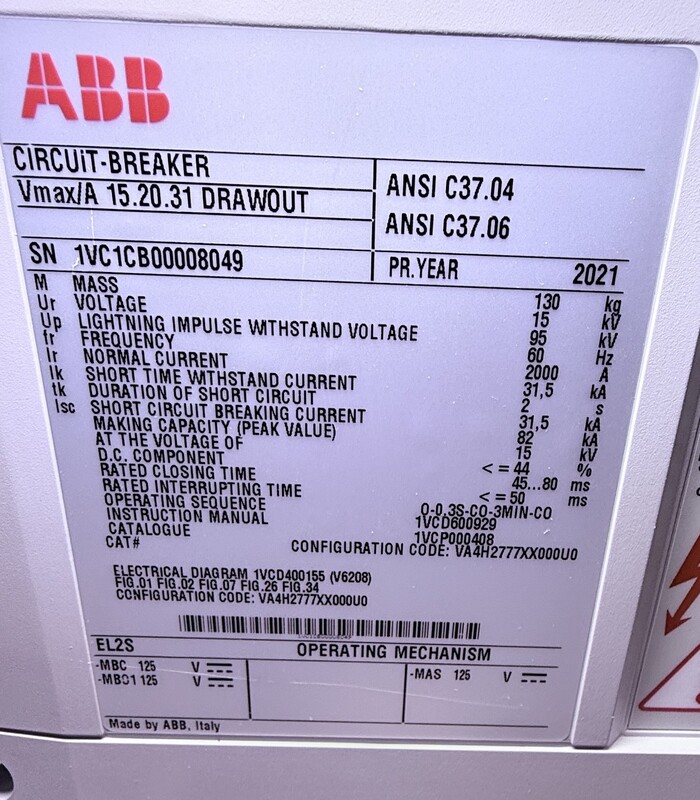 2000 Amps, ABB Circuit Breaker, VMAX/A 15.20.31, drawout, Cat #1VCP000408, Unused - Image 3