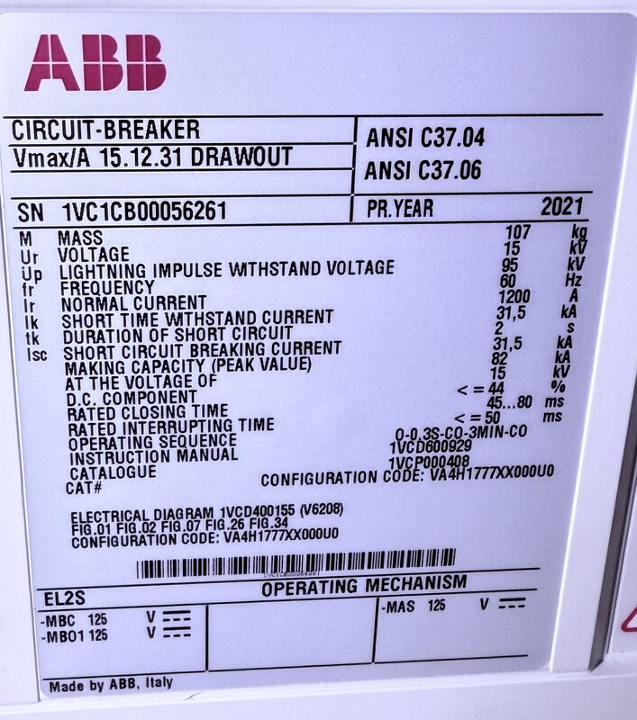 1200 Amps, ABB Circuit Breaker, VMAX/A 15.12.31, drawout, Cat #1VCP000408, Unused - Image 4