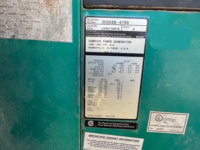 35 KW Cummins #35DGBB-4796, Diesel Mobile Generator, Sound Attenuated, Tier 1 Emissions, 47 HP, 1800 RPM - Image 7