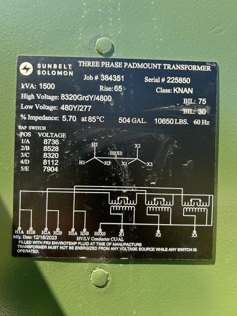 1500 KVA 8320Y/4800 Primary, 480Y/277 Secondary, Sunbelt Solomon, 3 phase padmount transformer - Image 6