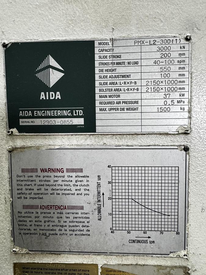 330 Ton, Aida #PMX-L2-300, stamping press, 7.8" stroke, 3.9"adj, 84" x40"bed, 21.6"die height, 40-100 SPM - Image 4