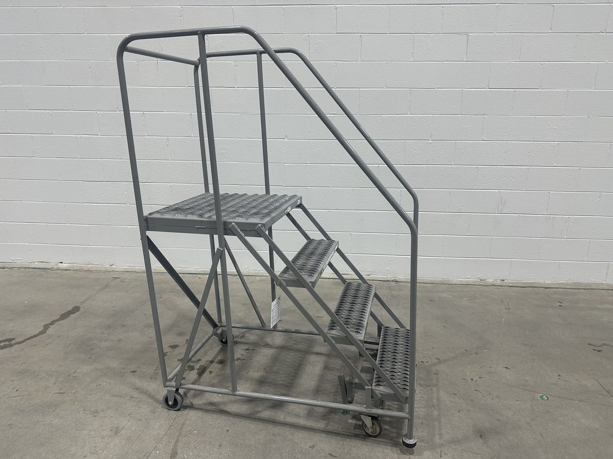4 Step U-Line, rolling steel staircase ladder, 800 lb. capacity, 50° ladder incline, with work platform - Image 1