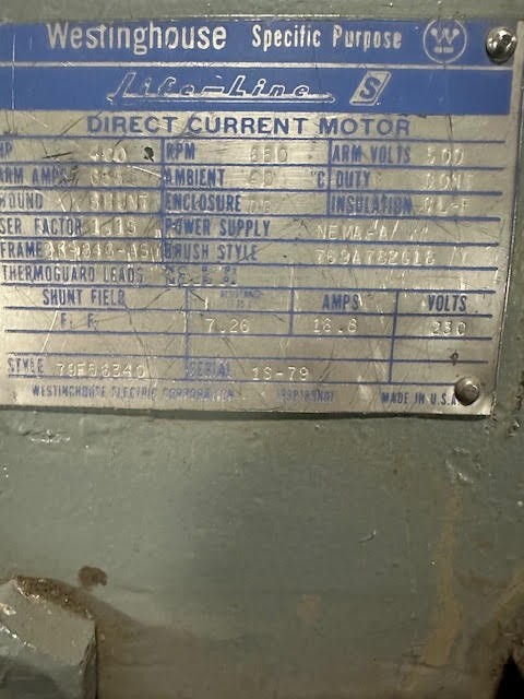400 HP 650 RPM Westinghouse Frame BK-846-ASY Shunt Wound Life-Line Specific Purpose DC Motor - Image 1
