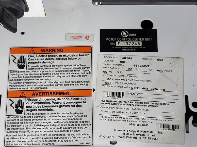 Siemens, Tiastar, MCC bucket, 25 HP, 600 Volts, 3 phase, new surplus - Image 2