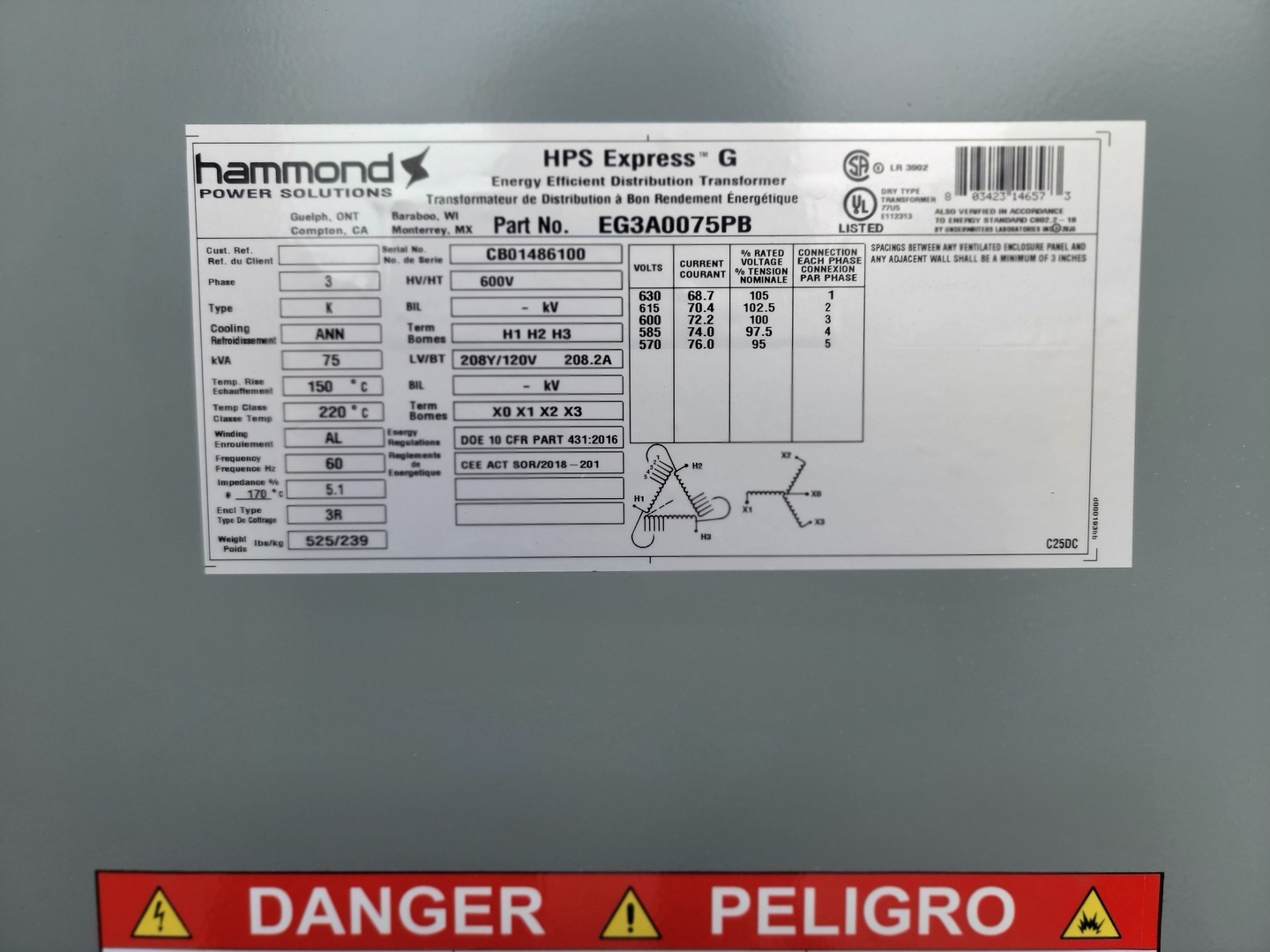 75 KVA 600 Primary, 208Y/120 Secondary, Hammond Power Solutions, dry type, Nema 3R, new surplus - Image 2