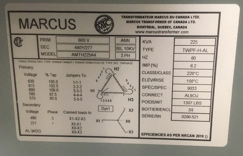 225 KVA 600 Primary, 480Y/277 Secondary, Marcus AMTH225A4 transformer, dry type, Nema 3R, 2021 - Image 2