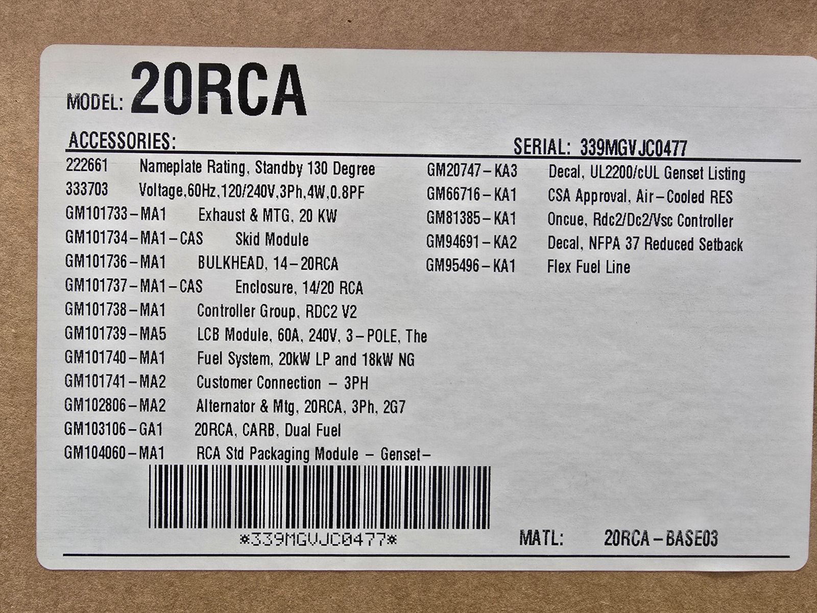20 KW Kohler #20RCA, Natural gas propane generator, enclosed, 240 Volts, 3 phase, 2021 - Image 2