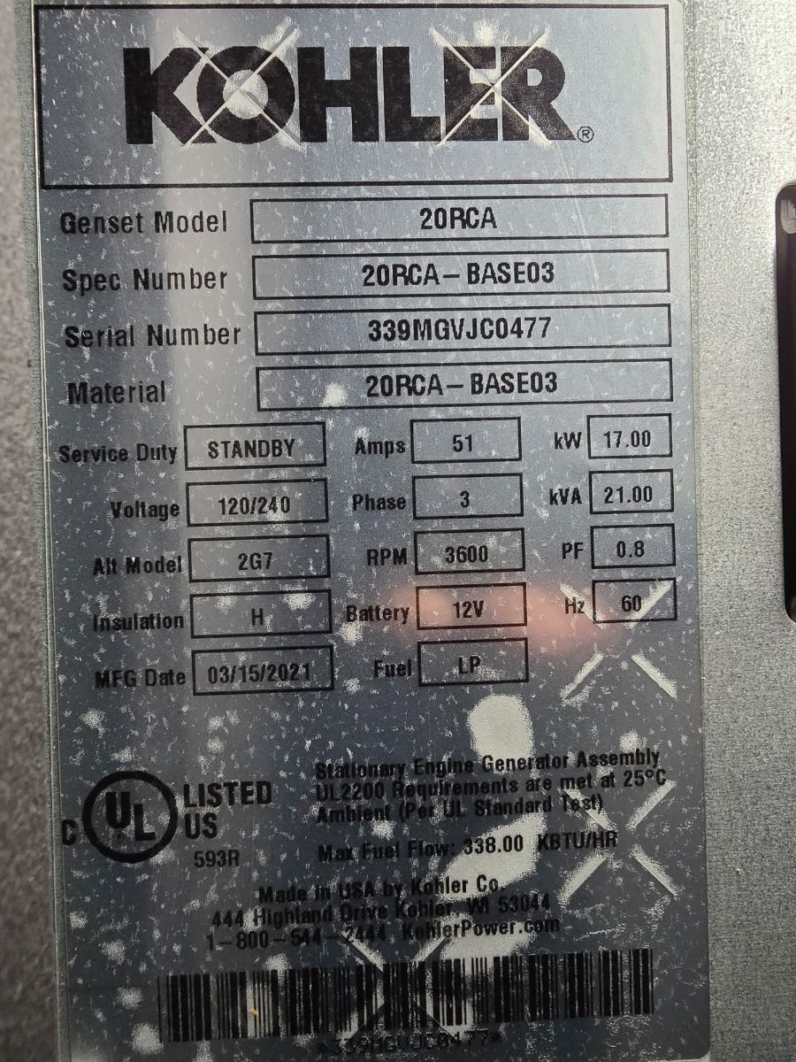 20 KW Kohler #20RCA, Natural gas propane generator, enclosed, 240 Volts, 3 phase, 2021 - Image 3