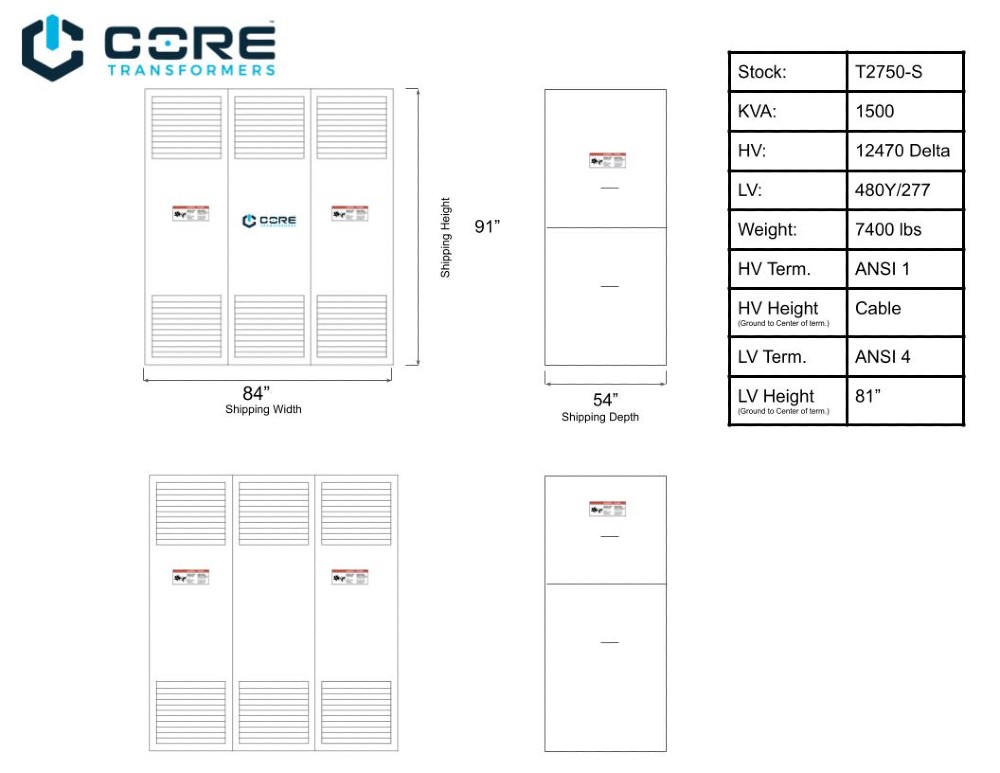 1500 KVA 12470 Delta Primary, 480Y/277 Secondary, DRY, proCORE, (immediate shipment available) - Image 2