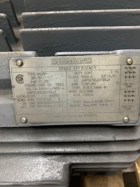 30 HP 3525 RPM Siemens, Frame 286TS, TEFC, 230/460 Volts - Image 1