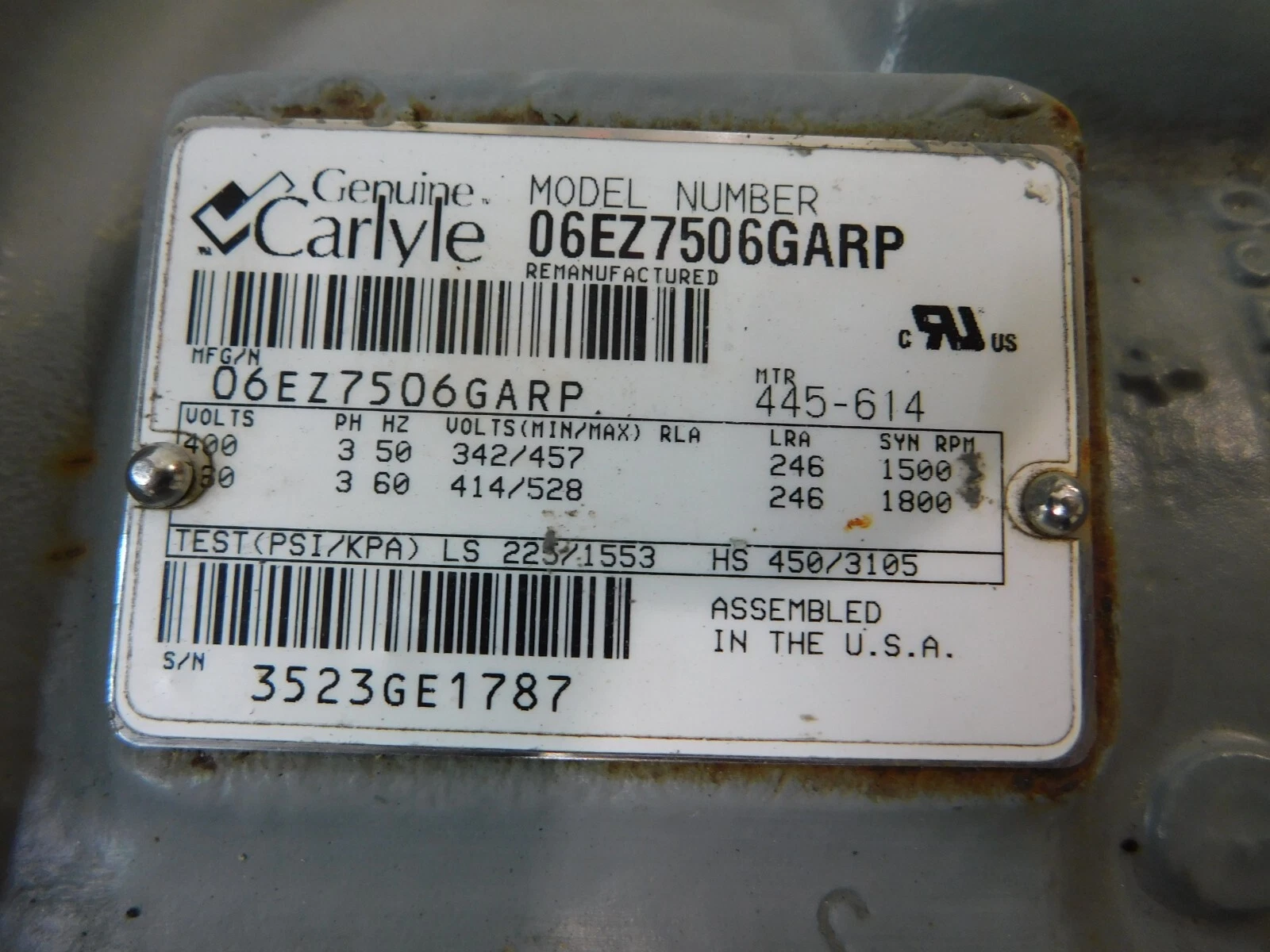 genuine carlyle refrig. duty compre, 06EZ7506GARP, 460 V., 3 Ph, 60 Hz, rebuilt - Image 2