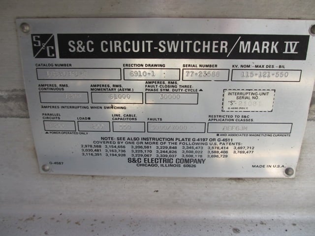 1200 Amp, S & C, No. MARK IV, 115000 Volts, 61 KA MOM., 550 KV BIL, CIRCUIT SWITCHER - Image 2