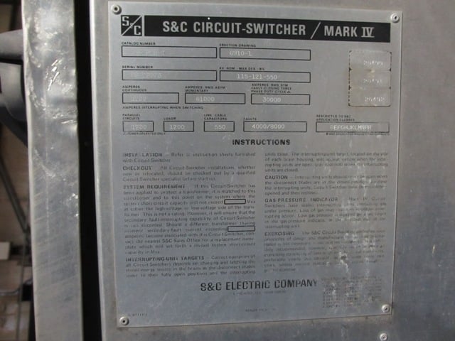 1200 Amp, S & C, No. MARK IV, 115000 Volts, 61 KA MOM., 550 KV BIL, CIRCUIT SWITCHER - Image 4